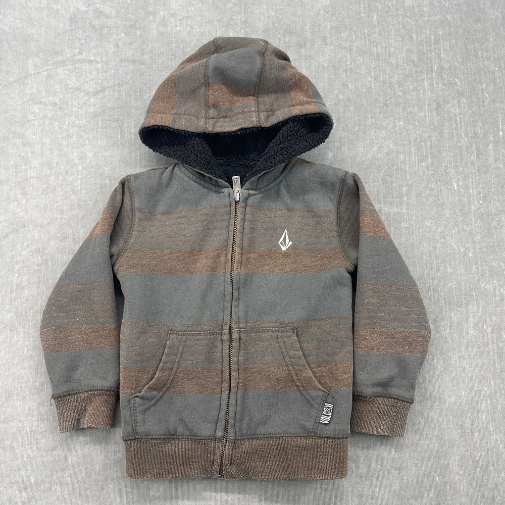Volcom‎ Kids 3T Grey Brown Striped Standard Sherpa Youth Zip Hoodie Y5841033
